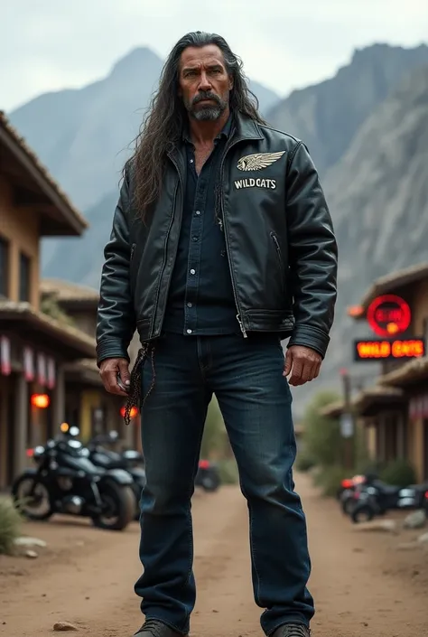 glabrous Older male with native indian with athletic body, hard looking face, deep green eyes, long black and grey hair, no beard, leather jacket in dark with logo „wild cats“, dark blue jeans, biker boots, stand in modern village of native americans like ...