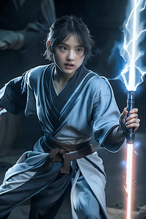  Star Wars , Jedi Master, woman, Beauty, Cute face, ,  wear a Jedi robe, A lightsaber in your hand ,  the blade burns blue , Jedi Temple、 short cut hair、Black Hair、 straight hair、