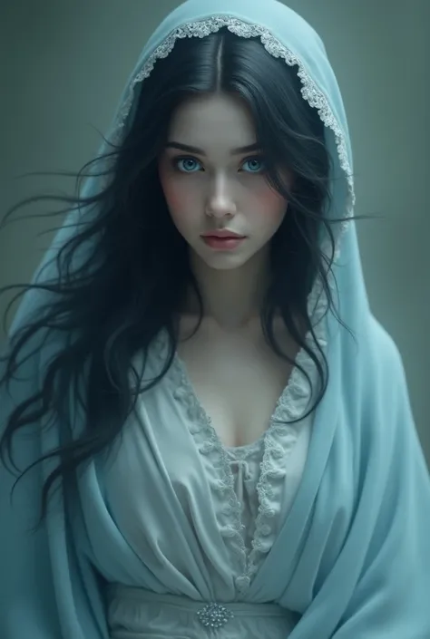 Virgin Mary,  black hair, skin in shades of gray , Eyes of different colors and their light blue mantle with white