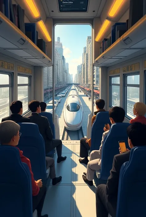 bullet train、Photos of passengers in the car、 seats are in 2 rows on the left and right、Street in the center 、 High Resolution 