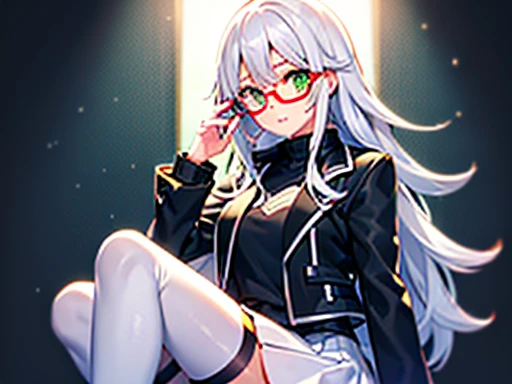 1 girl, black jacket, long white hair, green eyes,((glasses of vision)), short white skirt, black boots, black stockings,((pixelart Quality )),((hight Quality pixel )),((perfect image)), ((soft lighting))