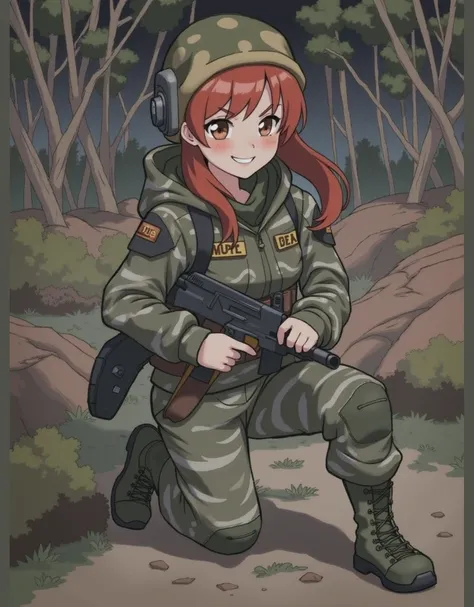 anime girl with smile and red hair, with a camouflage jacket, tactical glovers, camouflage balaclava, camouflage pants and army boots, holding SMG,