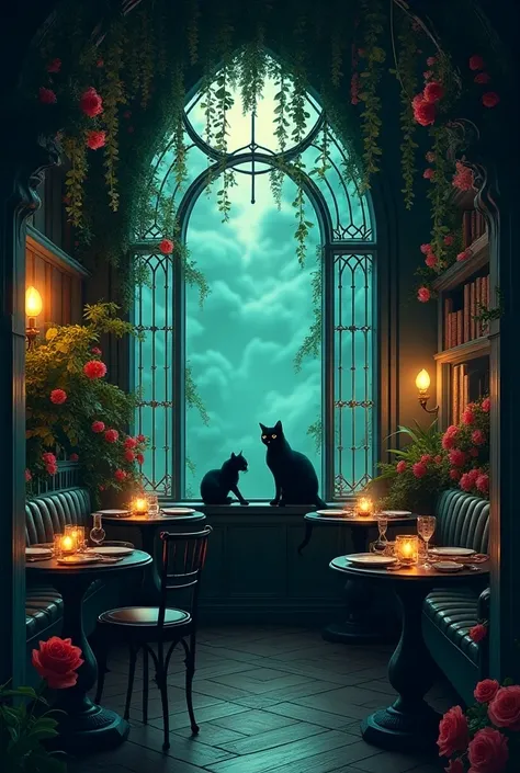  theme Create a vectorized advertising campaign for a Gothic Cat Café Floriculture
Target audience: Young people and adults who are enthusiastic about the .
