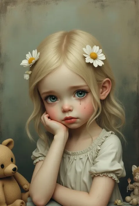 "Sad Girl"
Bing/CoPilot prompt: A mixed media portrait of a young girl lost in thought, with fair complexion, petite nose, plump lips, light blonde hair with white florals, chin cupped in palm, downcast blue eyes, against a backdrop of swirling patterns in...