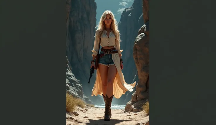 woman, 28 years old, アメリカ人woman,  cowboy dress ,  blue short skirt Lee , Cowboy boots, Western style, Mountain environment , Full body view, Sexy Body Styles  , 銃を手にした黒い服を着たwoman, , Blonde Goddess, extremely detailed Art Gelm, style Art Gelm, cutesexyrobut...