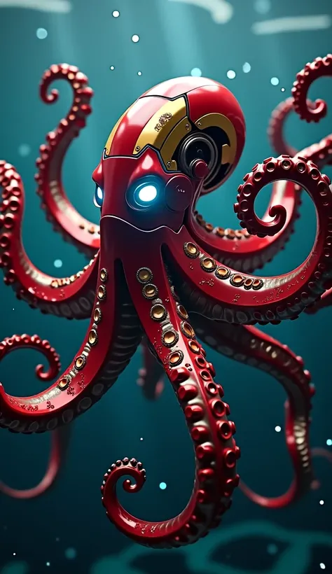 "Ironman reimagined as a sleek octopus, with his iconic red-and-gold armor seamlessly covering a bio-mechanical octopus body. Eight powerful, metallic tentacles extend from his body, each armed with glowing arc reactors and repulsor jets at the tips. His h...