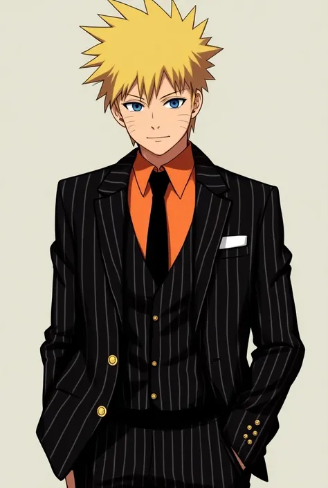 20 year old naruto tan skin , blonde spikey hair with blue eyes wearing black pinstriped suit with burnt orange vertical stripes , burnt orange dress shirt and black tie High Resolution, Solo, 