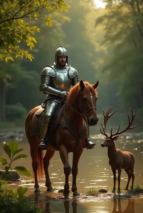 Knight in the shining armor sitting on horse with 2 dear like horns near muddy water background