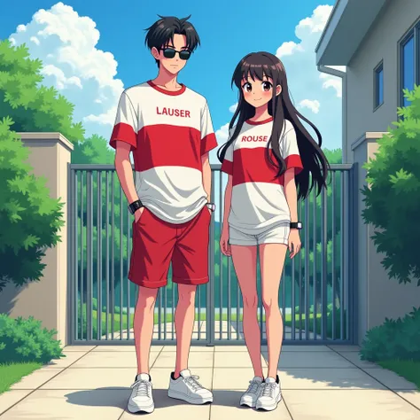 Create a anime style couple landscape image. Image is a full-body portrait of a man and woman standing outdoors in front of a modern building with a metal gate. Man has short black hair styled upwards and is wearing sunglasses. His skin tone is fair. He is...