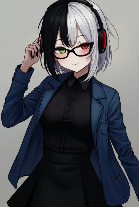 Mukher,  short hair ,  half black and half white , eyes with heterochromia,  with the left eye green , red right eye, made up, shy smile,  dressed in a black blouse , denim jacket over the top ,  black skirt and wearing boot boots ,  wearing headphones and...