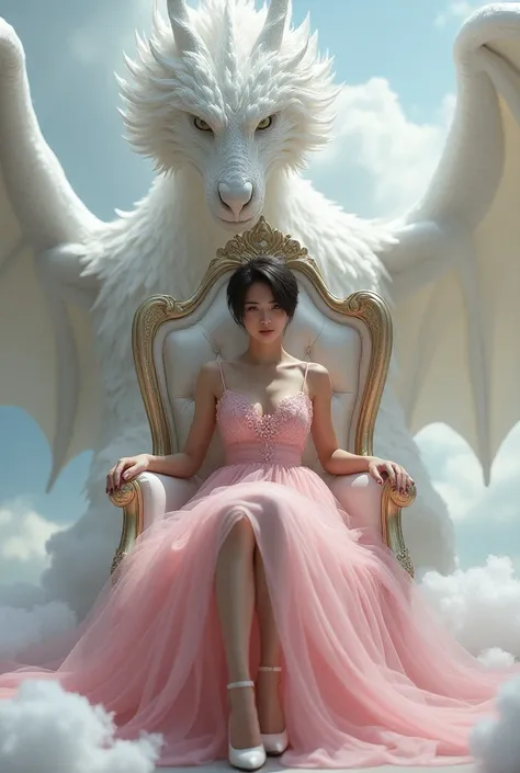 Beautiful woman with short hair sitting on a royal chair, Black hair,in front of a white dragon and clouds, pink dress, white high heels, there is the name Ayyda Starz written on the front