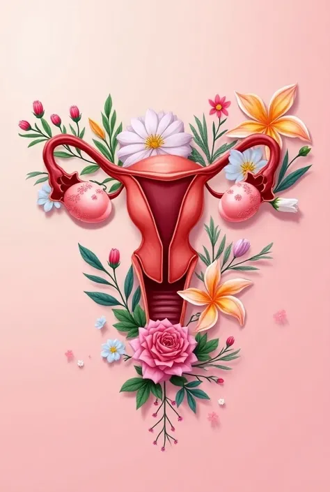  A female reproductive system decorated with various types of flowers, Add the word 
GYNAECOLOGY, With pink background 