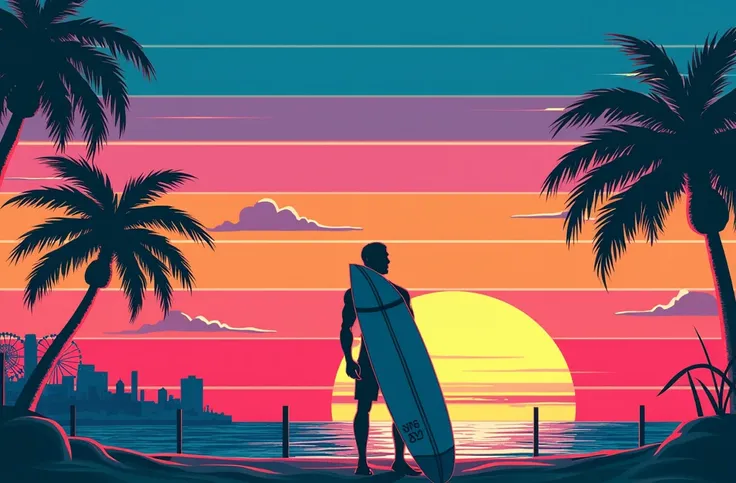 "Create a retro beach scene with horizontal stripes that transition from neon pinks to electric oranges and deep purples. These bold stripes form the backdrop for an urban-inspired sunset. The setting sun is a vibrant gold orb, casting glowing reflections ...