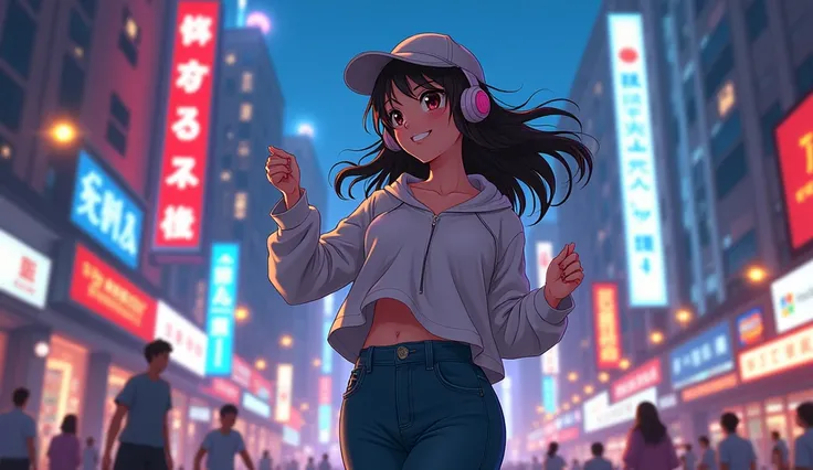 8k、High school girl、Mature、Big Breasts、 hoodie、Headphones、Put on a cap、dancer、 seems to be having fun、smile、Practice on the street、metropolis、2D-style animation, Lo-Fi、LoFi、Retro、アニメ調Illustration、Illustration