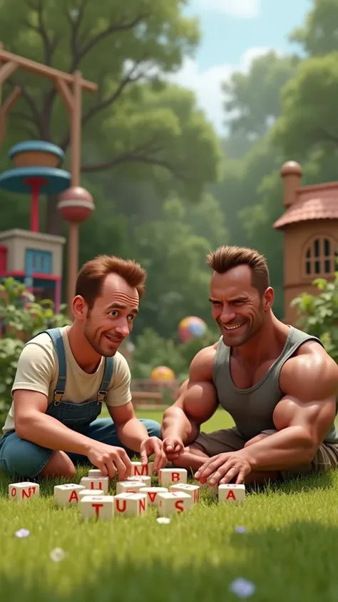 Arnold Schwarzenegger and Dwayne Johnson in the game park play blocks with the letters of the alphabet in French .  Arnold Schwarzenegger is short with a big head sitting in a garden playing cubes with the letters of the alphabet in French with Dwayne John...