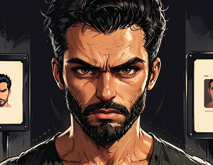 ((airport building)), 
angry close up portrait Man  in arrival dispatch screen at airport,  Adult, Italian, Mesomorph Muscular body, perfect Olive skin, short Muscular neck, Rectangle faces,  Attached  Cupped Symmetrical Ears, Low Forehead, black short com...