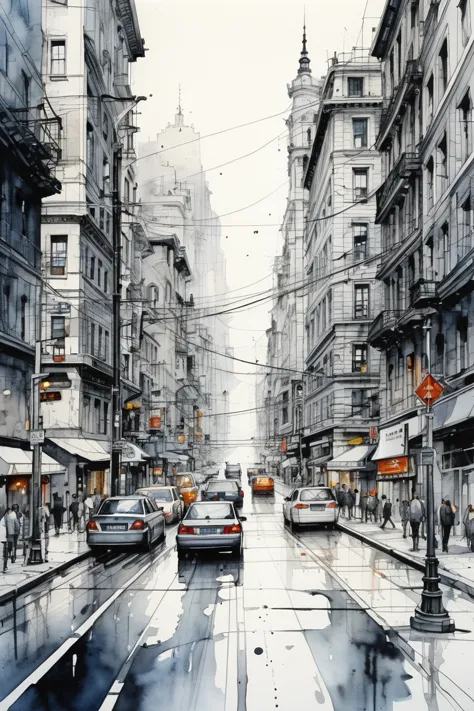 big city, ink and wash, fluid lines,light watercolors, street and roadcross from creative perspective, (best quality, perfect ma...