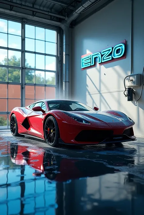 
" Create an image of a modern car wash with the ENZO logo highlighted .  The logo must be in bold and with a sporty style ,  in vibrant colors like blue and red . Lens In the foreground,  place a luxury sports car , clean and shiny,  with water reflection...