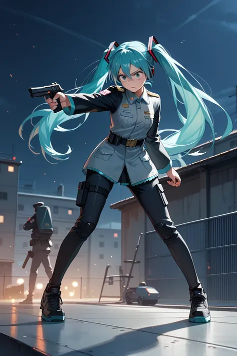 1 girl, hatsune miku, anime style, full body, with a hand gun, stand at rooftop, at night, military uniform,, pulling the trigger with a hand gun in war zone, fighting at night, masterpiece, highly detailed