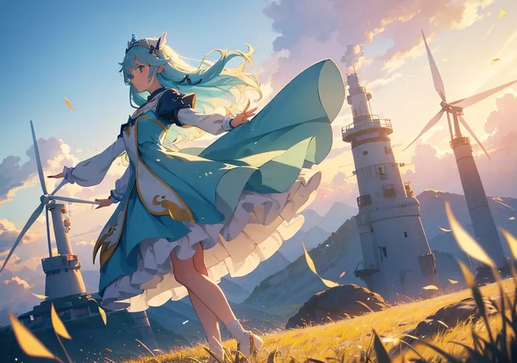 In the Land of the Wind Rising in Mondstadt, a girl who controls the wind element wears a pastel blue Disney princess-style dress, with fluffy wind energy dancing around her. A statue of the wind god stands in the distance, and she stands gracefully in the...