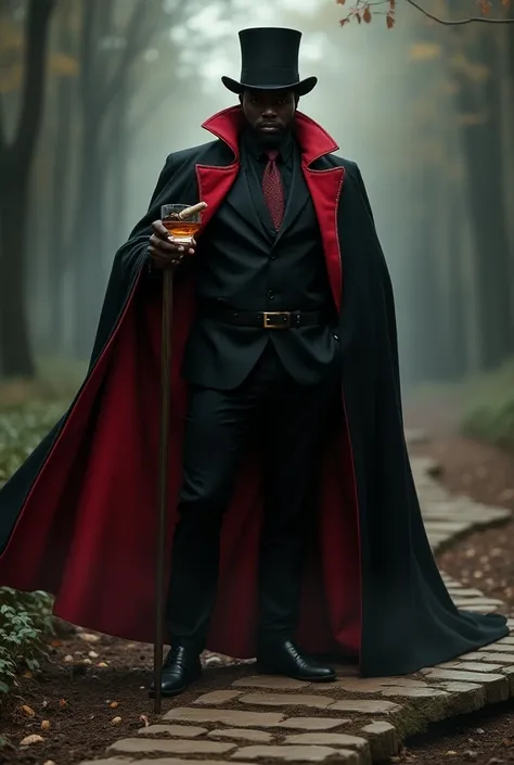 Create a strong black man in a black and red cape and top hat at an earthen crossroads holding a cane with his whiskey glass and cigar
