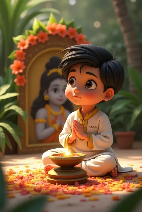 A  boy, is seated and praying in front of a Shivling adorned with flowers and belpata (green leaves). Behind him, theres a floral board with an image of Lord krisna. The boy is wearing a white kurta on which name "aditya" written clearly , have stylish hai...