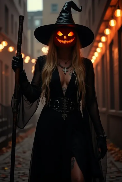 In a dark setting in a New Yorker in Hallowen are 5 young men and women:  a woman 1 ,60 m,  with long blond and wavy hair that falls down to waist .  His witch fantasy Its modern and sexy ,  composed of a fitted black dress with lace details and a side sli...