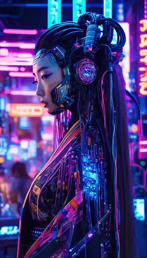 high technology, futuristic, cyborg girl, (photorealistic:1.4), long hair made of cables, robotic, lots of computer cables in th...