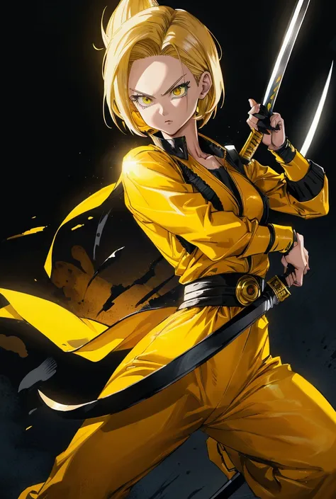 A highly detailed anime portrait of Android 18 from Dragon Ball Z, wearing a yellow and black costume inspired by the Kill Bill movies, striking a classic action pose while holding a sword, masterfully rendered with vivid colors, extreme detail, and a cine...