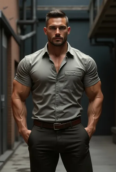 Arafed backside hombre muscular de  29 años..,  shirt, standing, (((Hands in the pockets))), (((Incredibly handsome and sturdy mens pure and black  Oxford ))), incredibly handsome and sturdy mens casual pants  , close up, bodybuilder, (On the face: 1.3), f...