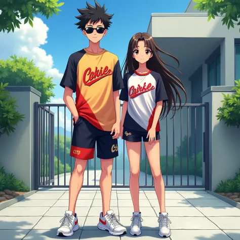 Create a anime style couple landscape image. Image is a full-body portrait of a man and woman standing outdoors in front of a modern building with a metal gate. Man has short black hair styled upwards and is wearing sunglasses. His skin tone is fair. He is...