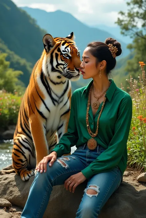 Beautiful Thai girl in bright emerald green satin shirt, long ripped jeans, looking at the camera, fully adorned, sitting close to a tiger on a mountain, with mountains, Himmapan forest, stream, and various wild flowers blooming as background. The picture ...