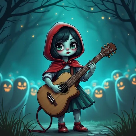 (masterpiece，Best quality:1.2，lifelike:1.4)，Cartoon Characters，Vector illustration，Cartoon hand drawn, 1girl, solo, Cute young charming little red riding hood girl，Strong zombie makeup, Playing an old guitar，the guitar player，(Ghost Crowd)，Ghost Viewer，(Co...