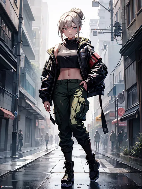 samdoesarts; award winning half body portrait of a beautiful woman in a croptop and cargo pants, military boots, standing on the street faint smile,  paint splashes, hair in a bun, splatter, outrun, vaporware,  digital art, trending on artstation, highly d...