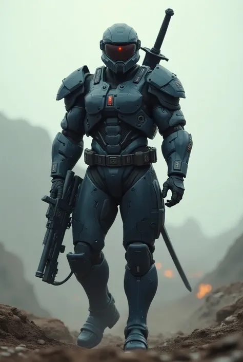  Create an image that is of a soldier wearing the latest technology suit (with a rifle in his hand and a sword on his back ) 