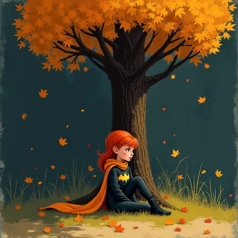 Textured brush Minimalism whimsical anime Still Life, cartoon dot style, dark textured backing, batgirl redhead sitting under autumn tree, with splashes of color, muted colors, close up, freckled skin, off center, in shadow, sharp focus, art by norman rock...