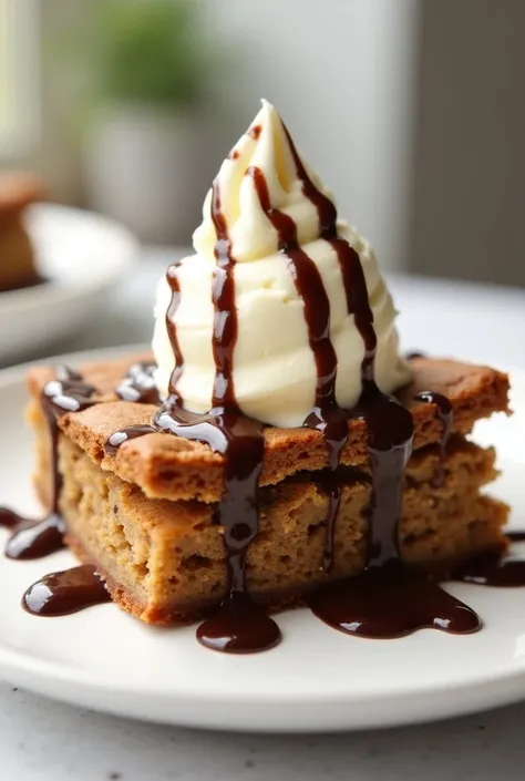 Brookie with ice cream and chocolate sauce
