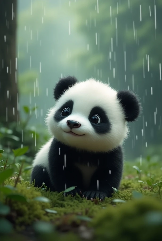 Baby panda in the rain 