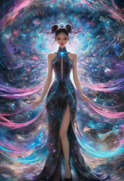  This is a fusion of oil painting 、 。The focus is a surreal ， Chinese bun ， with charming light blue 、 purple and rose hair 。 Her light blue eyes are full of deep eyes 。 a surrealistic digital art work with mediums such as charcoal and colored pencils 、 st...