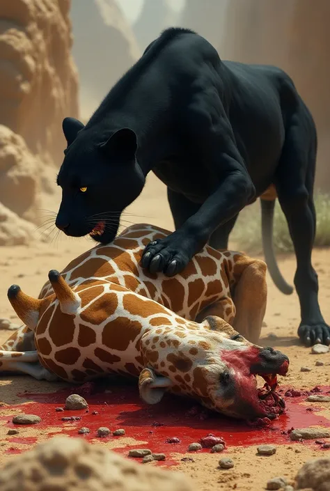 Giraffe dead in front of  angry black panther 