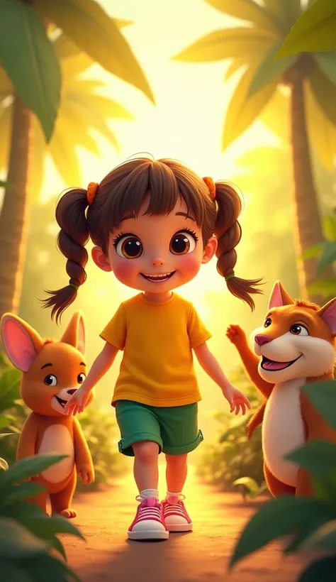 "Lily, pigtails, content wide eyes and a round face, vibrant yellow t-shirt, green shorts, pink sneakers, a sunset-filled jungle background with animals waving goodbye, Lily walking toward home, warm and heartwarming animation style,