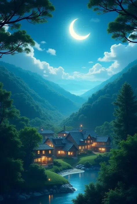 Beautiful ai nature image at night in village with moon and tress green beauty 