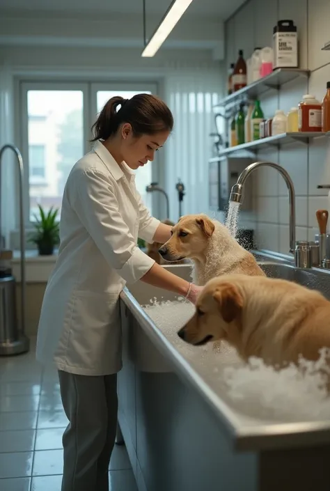 Professional woman bathing dogs at Petshop