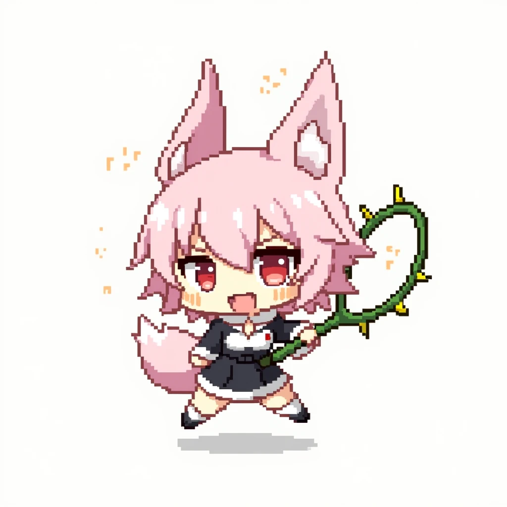 chibi anime pixel art style, female character, light pink hair, pale skin, peach color eyes, with light pink fox earings, light pink fox tail, black and white kitsune custome, holding a green whip with yellow thorns, jumping to combat with an agresive expr...