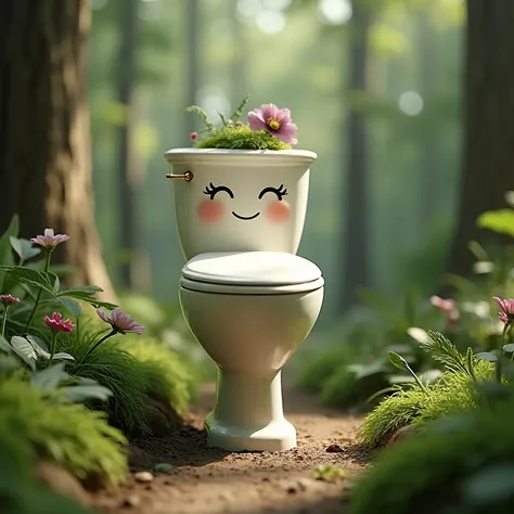 A classy toilet with a face,  free-standing in an inviting forest