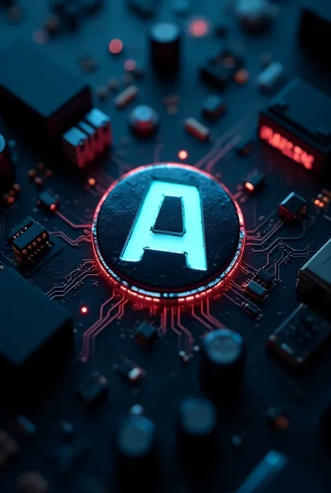 logo, emblem ,  futuristic design icon with the name - "ALEX DOZOR  ".  reflections Glossy surface,  RTX .  and tangled wires hint of a futuristic digital-to-analog converter,  decorated with flashing LEDs .  Vintage-style background ,  cluttered with elec...