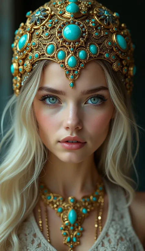 presents a striking portrait of a young woman adorned with flamboyant jewellery reflecting a sumptuous style. Her intricate headpiece, adorned with gold accents and turquoise stones, beautifully frames her delicate features. The rich hues of the jewels con...