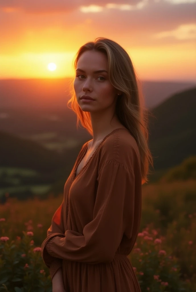  Photo of a serene woman, Landscape at sunset , earthy tones