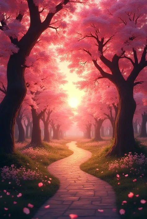 Cherry trees path, sunset, darker, more flowers om the ground, more robust trees