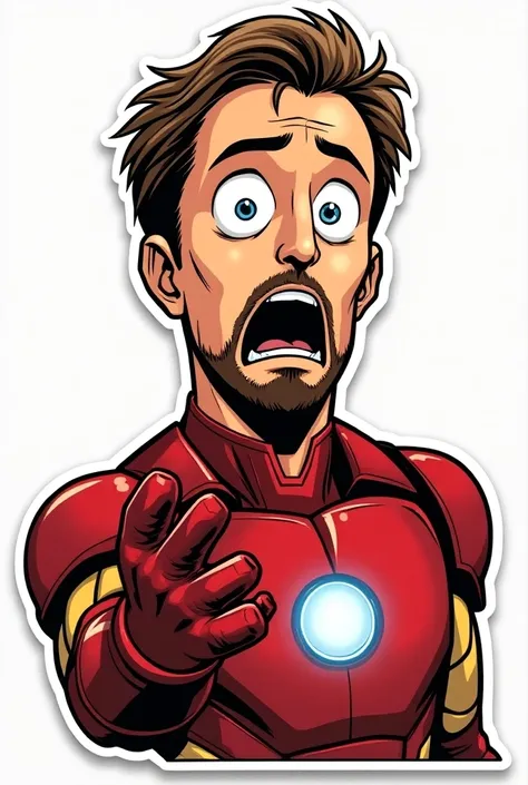 A comic style sticker cut-out of tony stark surprised saying " what the heck! "